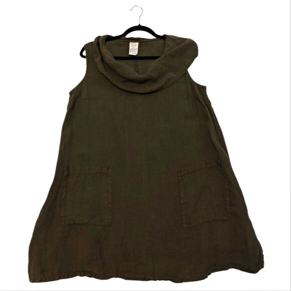 Match Point USA Linen Olive Green Sleeveless Cowl Neck A-Line Tunic - Picture 1 of 6